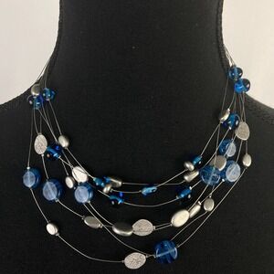 Lia Sophia Blue Lagoon Multi-Strand Illusion Necklace Silver Glass Bead